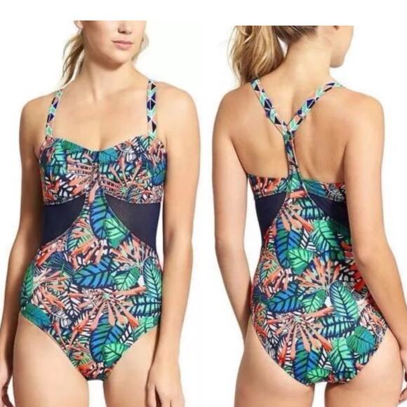Athleta‎ Hanalei One Piece Swimsuit Multi Color Tropical Mesh Panels Size 32 B/C - Picture 1 of 5